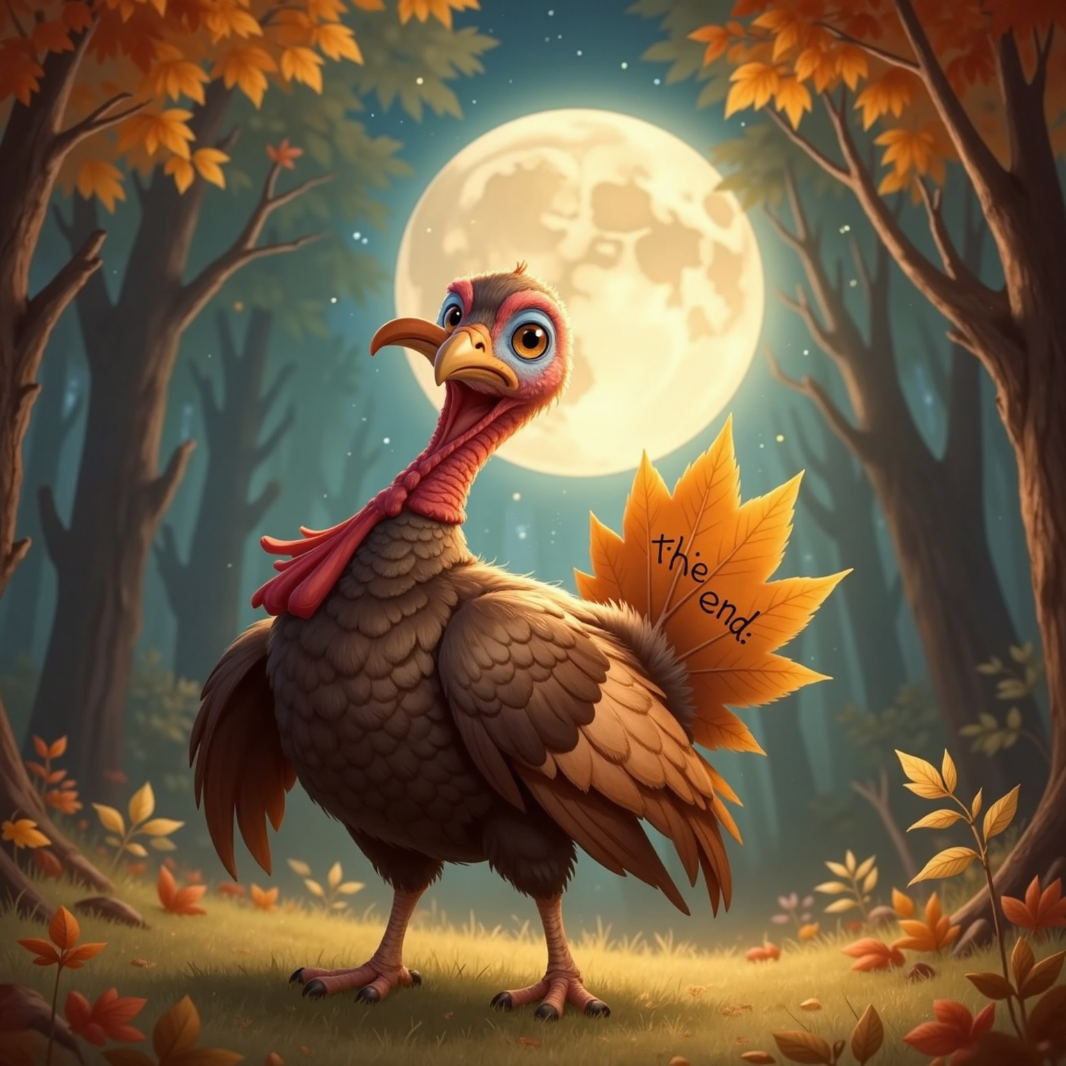 Tommy winks toward the viewer under a glowing moon. Golden leaves swirl gently through the night air. A single leaf drifts across the scene with “The End” written on it in soft script. Peaceful and magical ending.