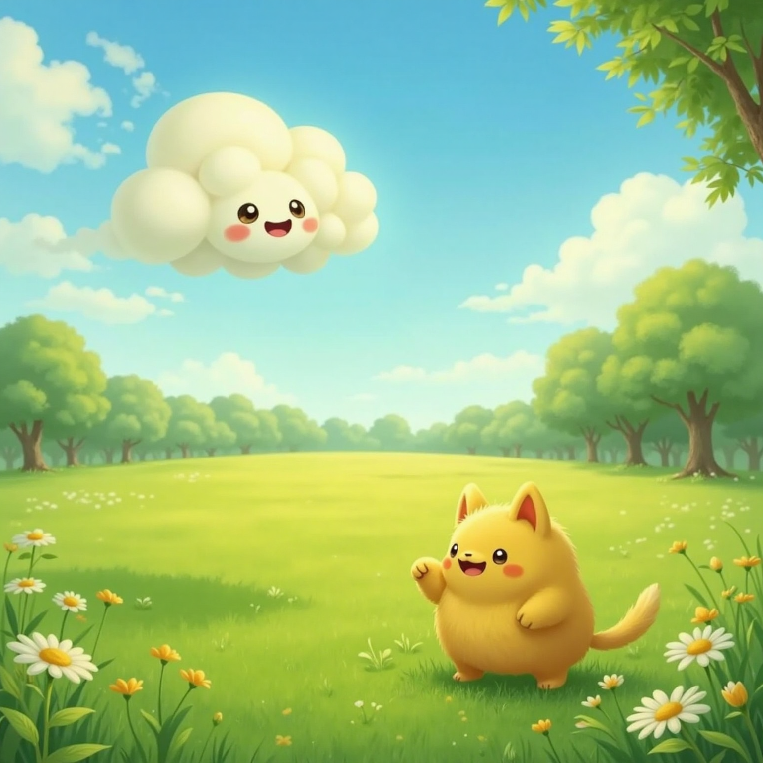 Under clear afternoon sky above the same meadow, Cloud hovers mid-air waving cheerfully while Yelly stands below, head lowered, gently refusing.