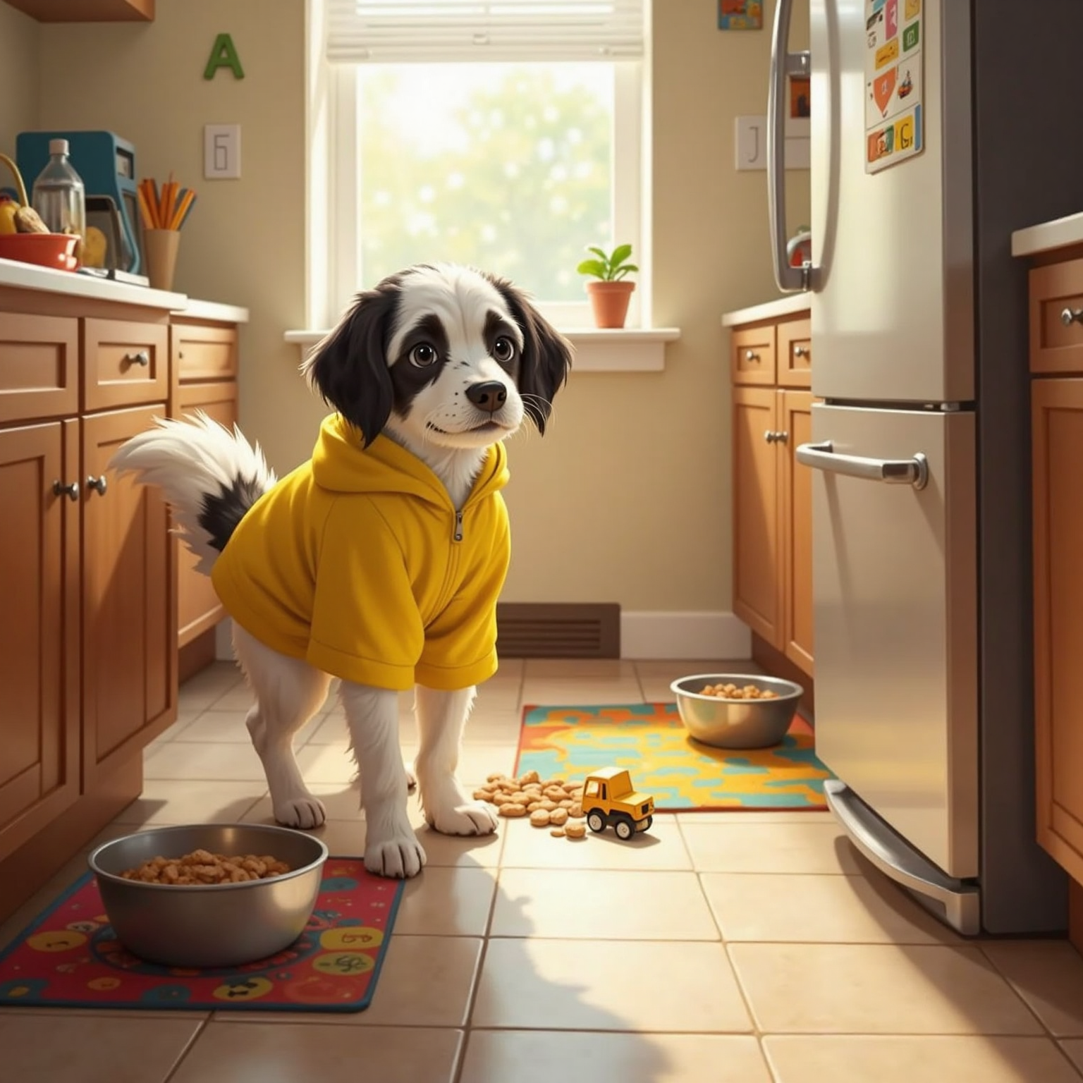 In the sun-lit kitchen, Arlo stretches his nose toward a child's jacket pocket, floppy ears dangling and black-patched ear forward. Morning light reflects off stainless bowls on the tile floor.