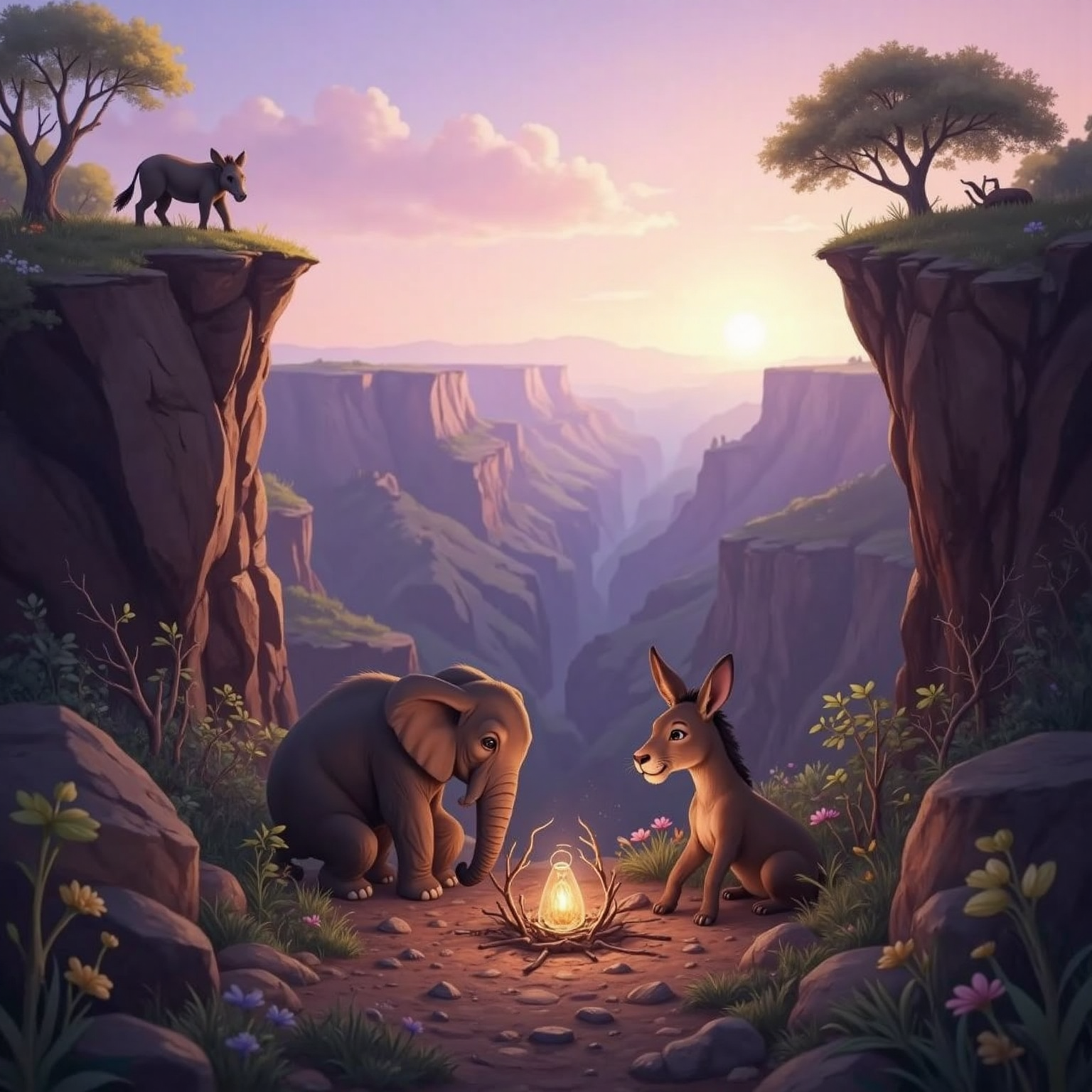 Rocky cliff edge at dawn, lavender light spilling over distant valley. الفيل دهشان and الحمار حمال crouch beside a rough pit covered with leafy branches, exchanging determined glances while finalizing their trap for الاسد المفترس.