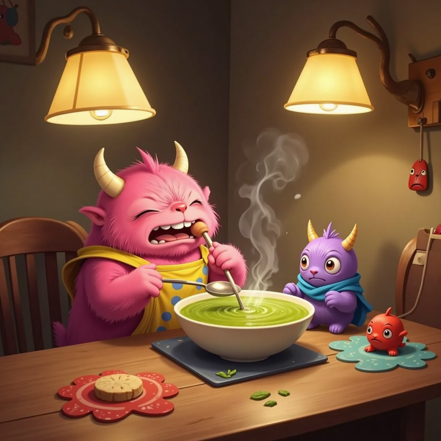 At the steamy dining-room table under cozy evening lamps, Rufi hovers over a bowl of soup, fingers pinching his scarf; MAMÁ MONSTRUA blows gently across the surface, while ENOJO appears only as a glowing red speck above the spoon.