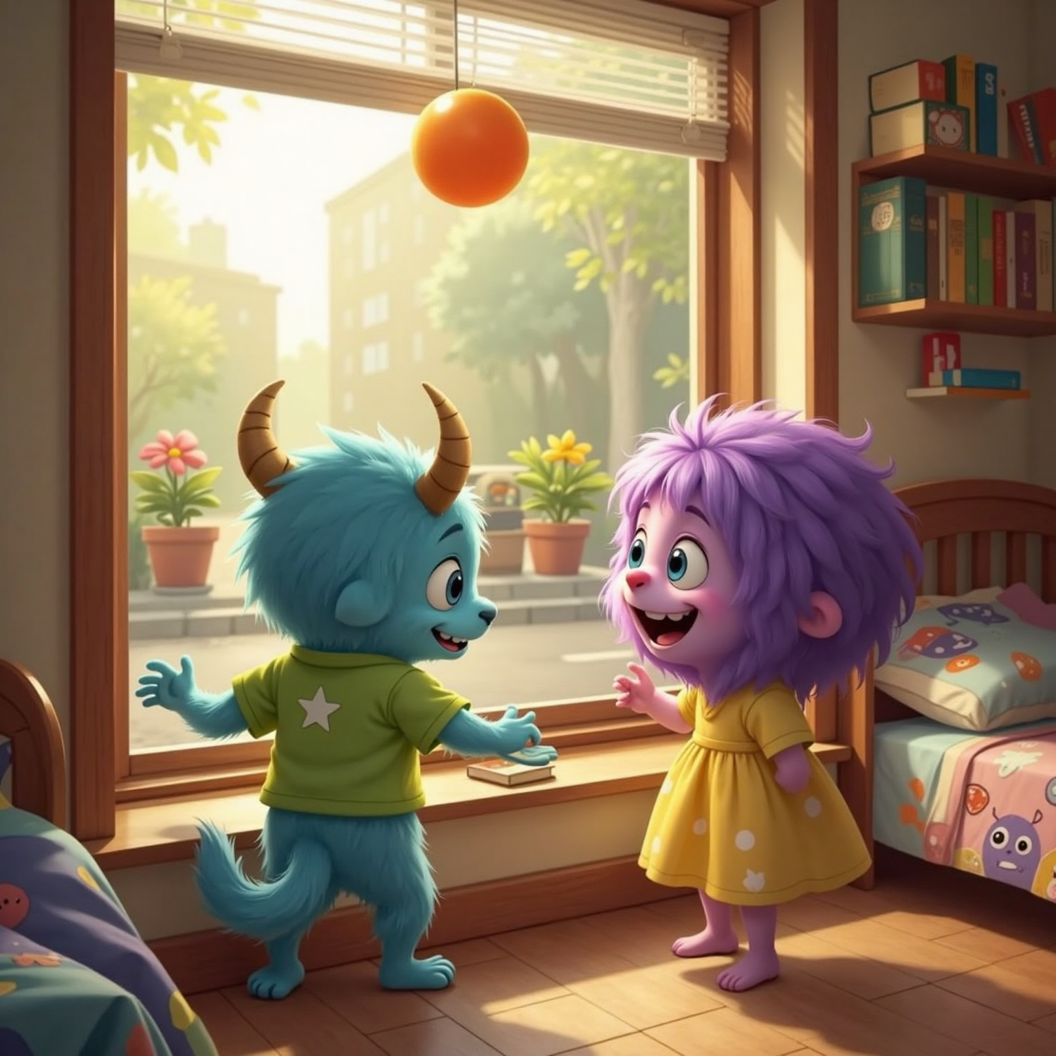 Inside his tidy bedroom with a sunlit window, Auggie leans forward clutching the sill as a bright orange ball taps the glass; outside, Lilah stands mid-kick on the cobbled street, surprised grin flashing.