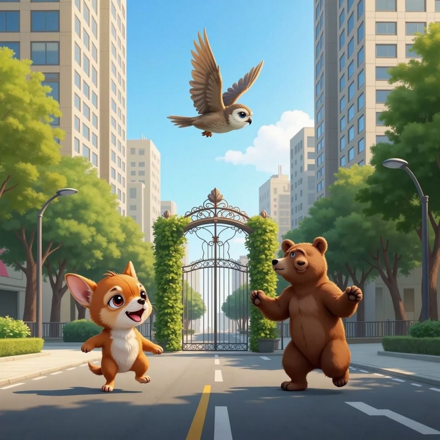 Daytime city street with tall buildings; Fox races toward a leafy park gate, mouth open mid-call. Above, Fluffi circles in the blue sky, and Buff walks softly behind, careful paws raised.