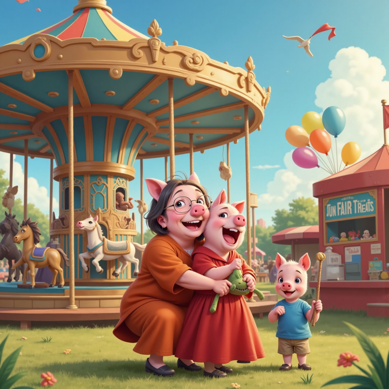 Afternoon light shines over the fairground as rides whirl in dizzy blurs. In front of a rapidly spinning merry-go-round, Mummy Pig kneels, arms around Lily Pig and George Pig clutching his dinosaur, all laughing with wide eyes.