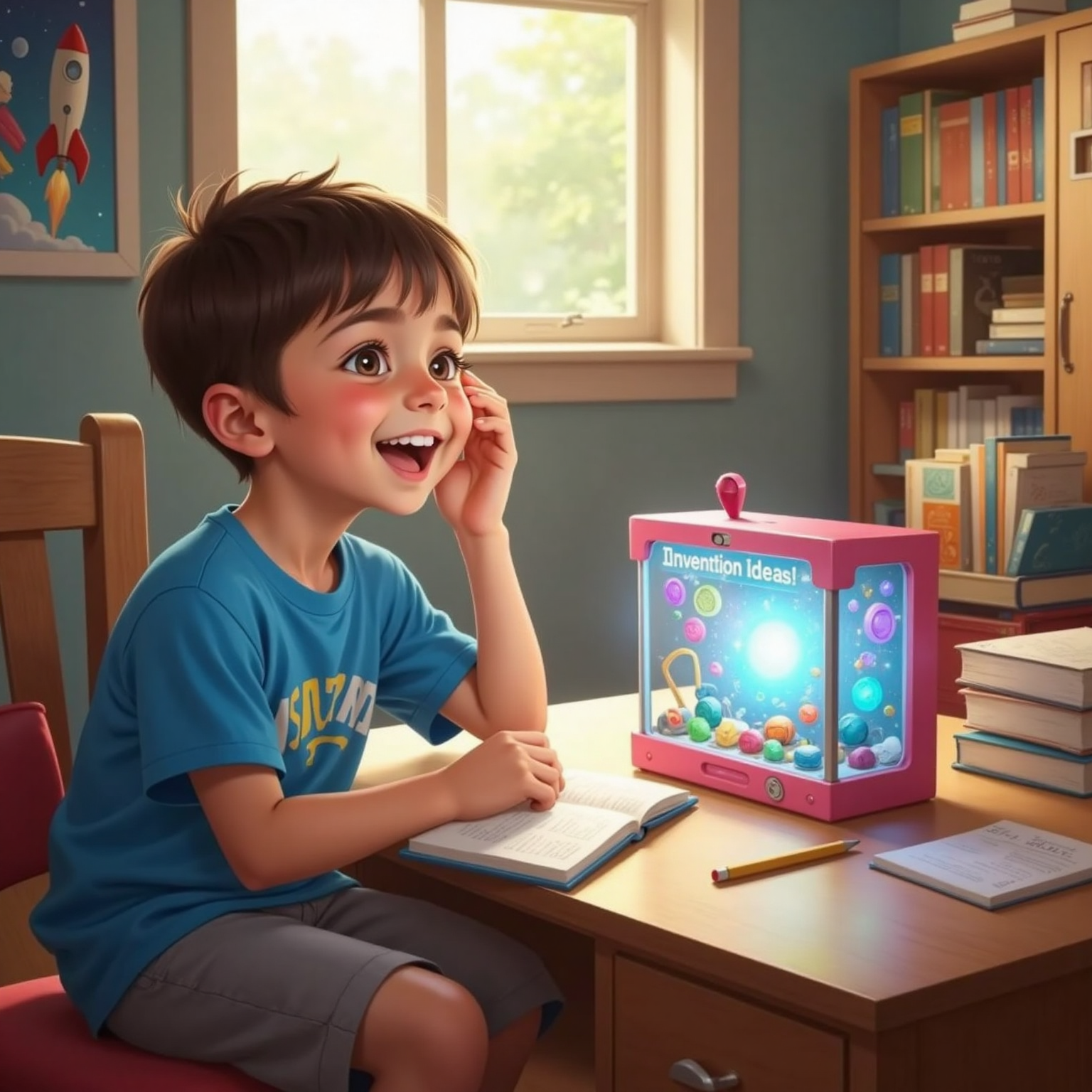 Indoor morning light illuminates Benji’s bedroom desk as he sits smiling; a newly appeared rainbow box sparkles with multicolored buttons and glowing tools beside his open notebook.