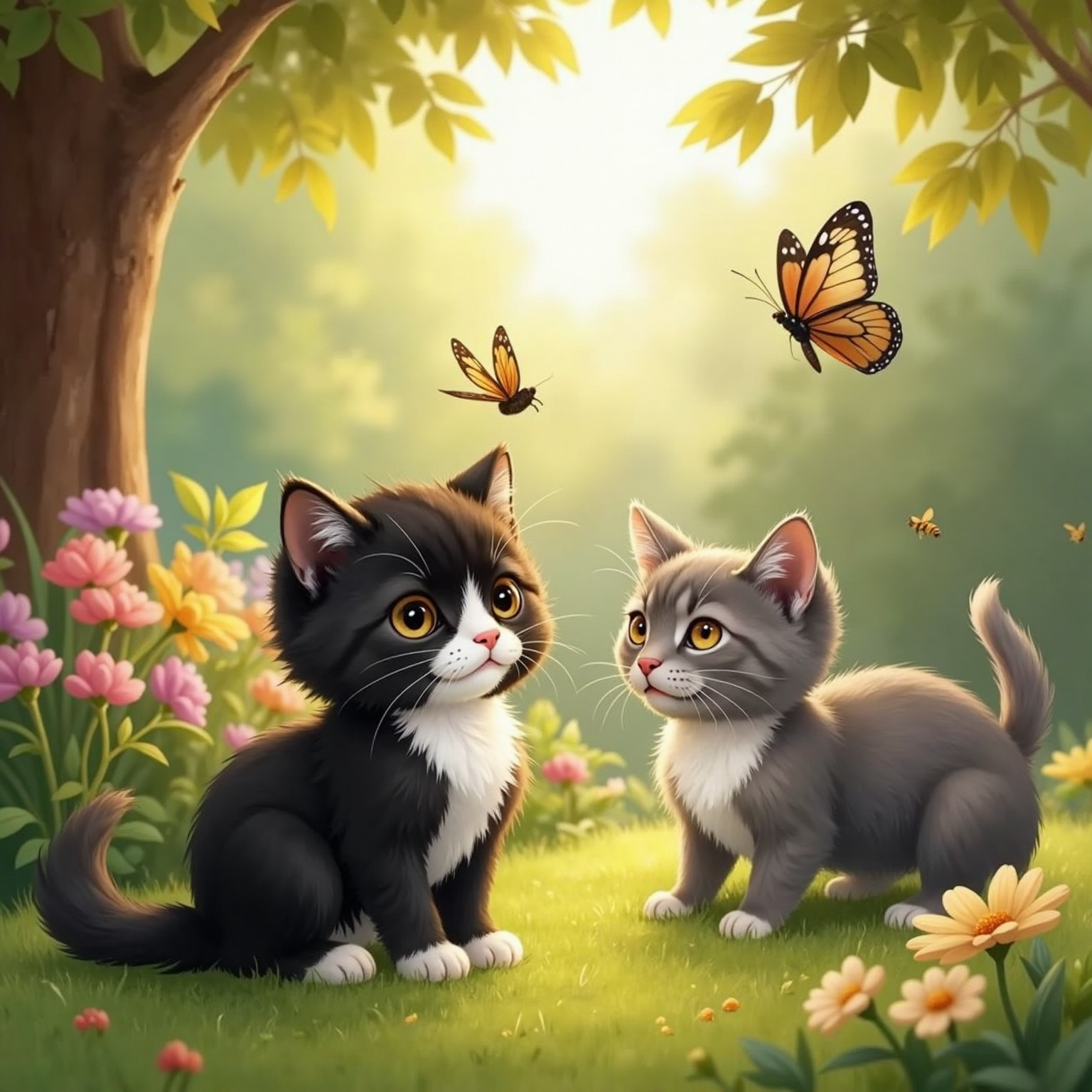 Back in the warm afternoon garden, Oreo watches the butterfly flutter above colorful blossoms. Mommy Cat lounges nearby, eyes half-closed, sunlight casting soft golden patterns across the grass.