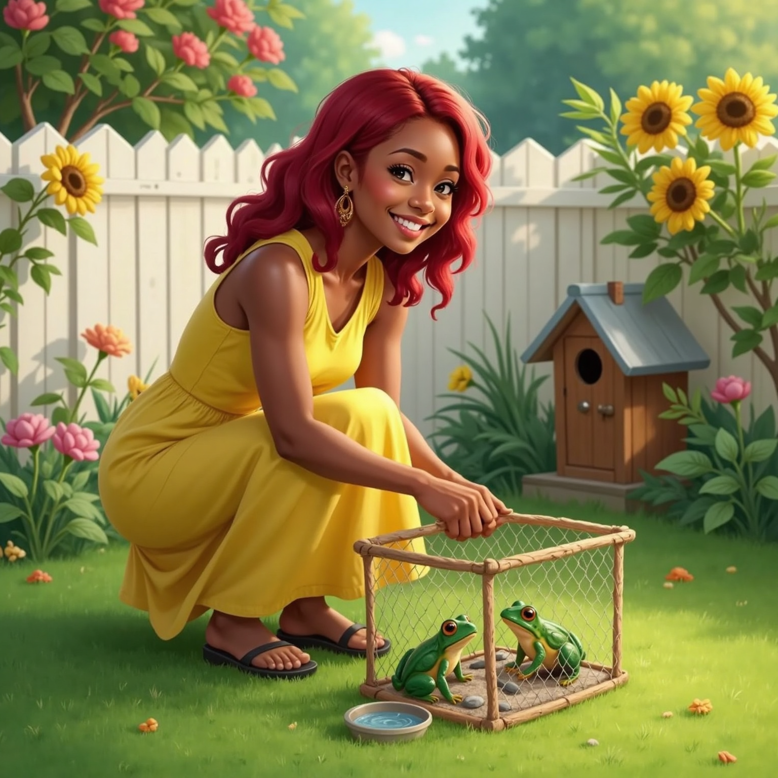 In the sunlit backyard, Tiana kneels beside a small wire playpen on the grass, gently setting her green frogs Theodore and Franklin inside. Morning light casts soft shadows as she smiles warmly at them.