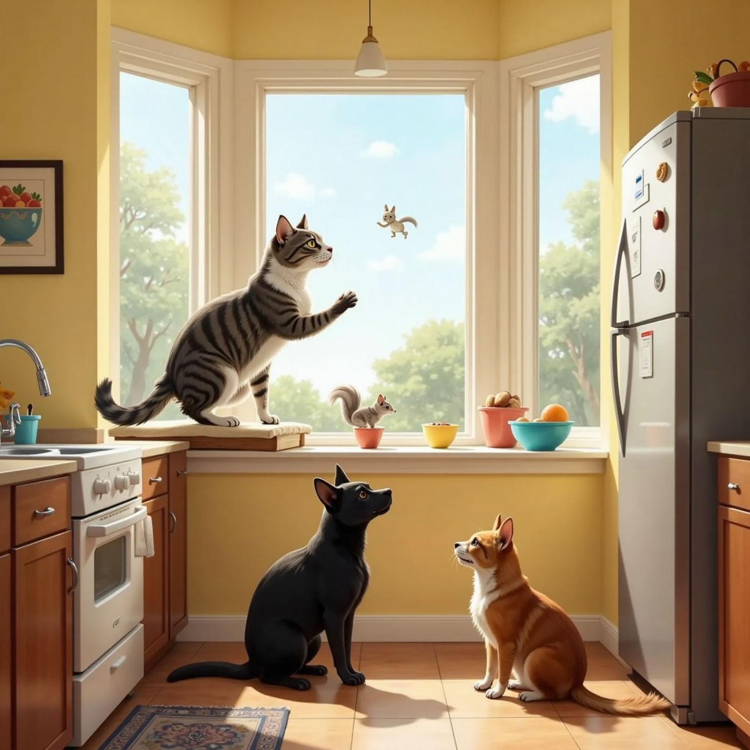 Morning sunlight pours through a big bay window in the kitchen; Mabel balances on a cushioned perch, paw tapping her own reflection while watching squirrels outside. Jake sits on the tiled floor and Max lounges nearby, both gazing upward.