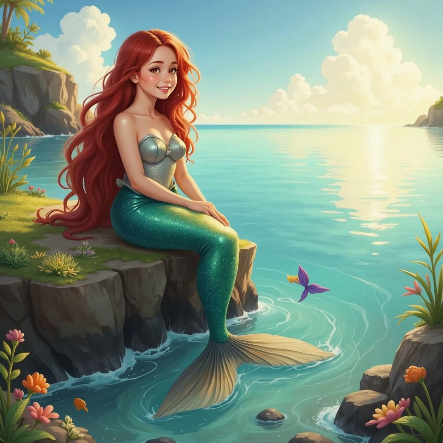On a sunlit seaside rock at morning, Ariel the mermaid princess sits upright with a warm smile, tail trailing in the surf while colorful fish swirl below the clear water.