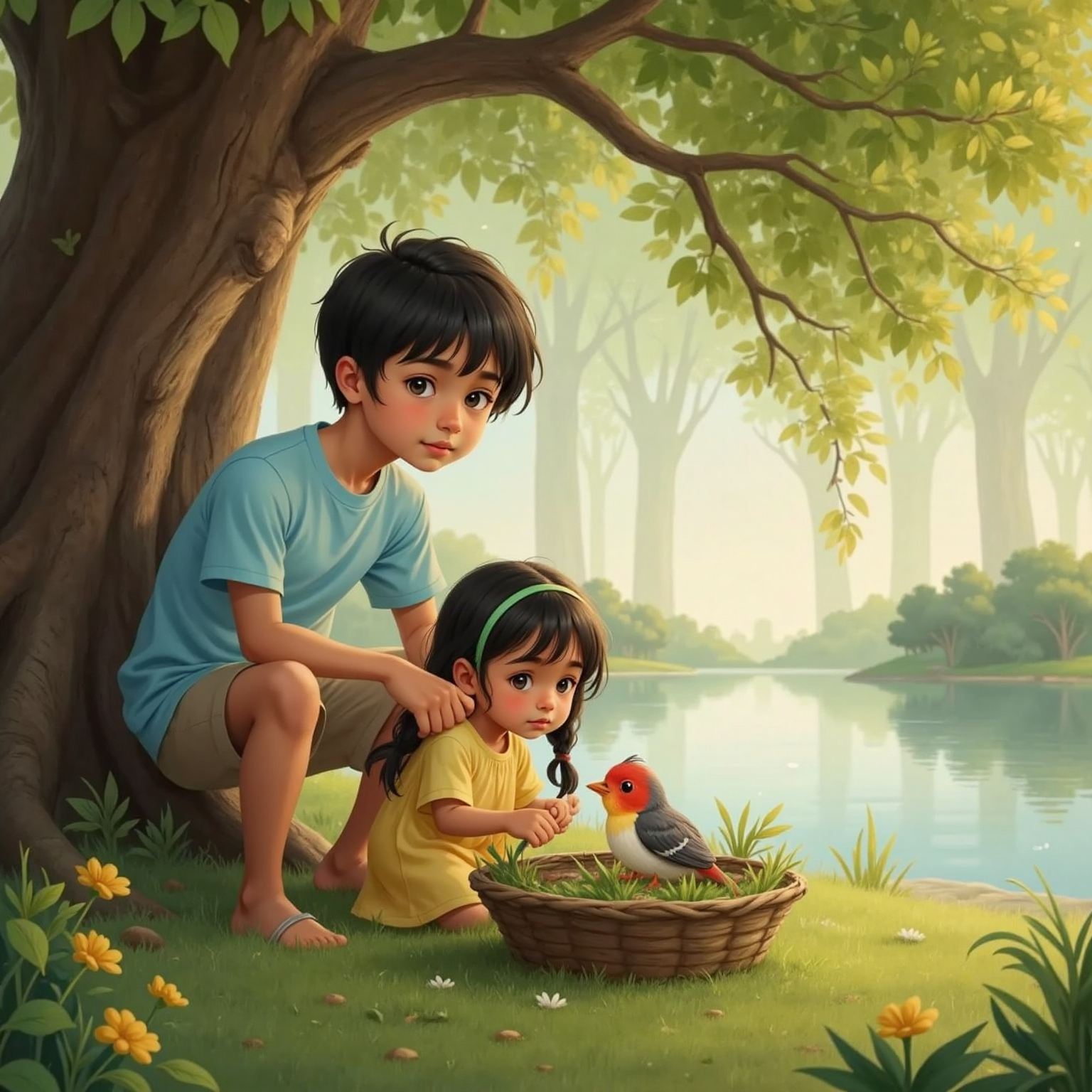 Under a towering willow by the lake, a timid boy with short black curls whispers, sliding the tiny bird onto a leafy cradle while a lively girl with long dark braids steadies the nest; golden afternoon light shimmers on water.