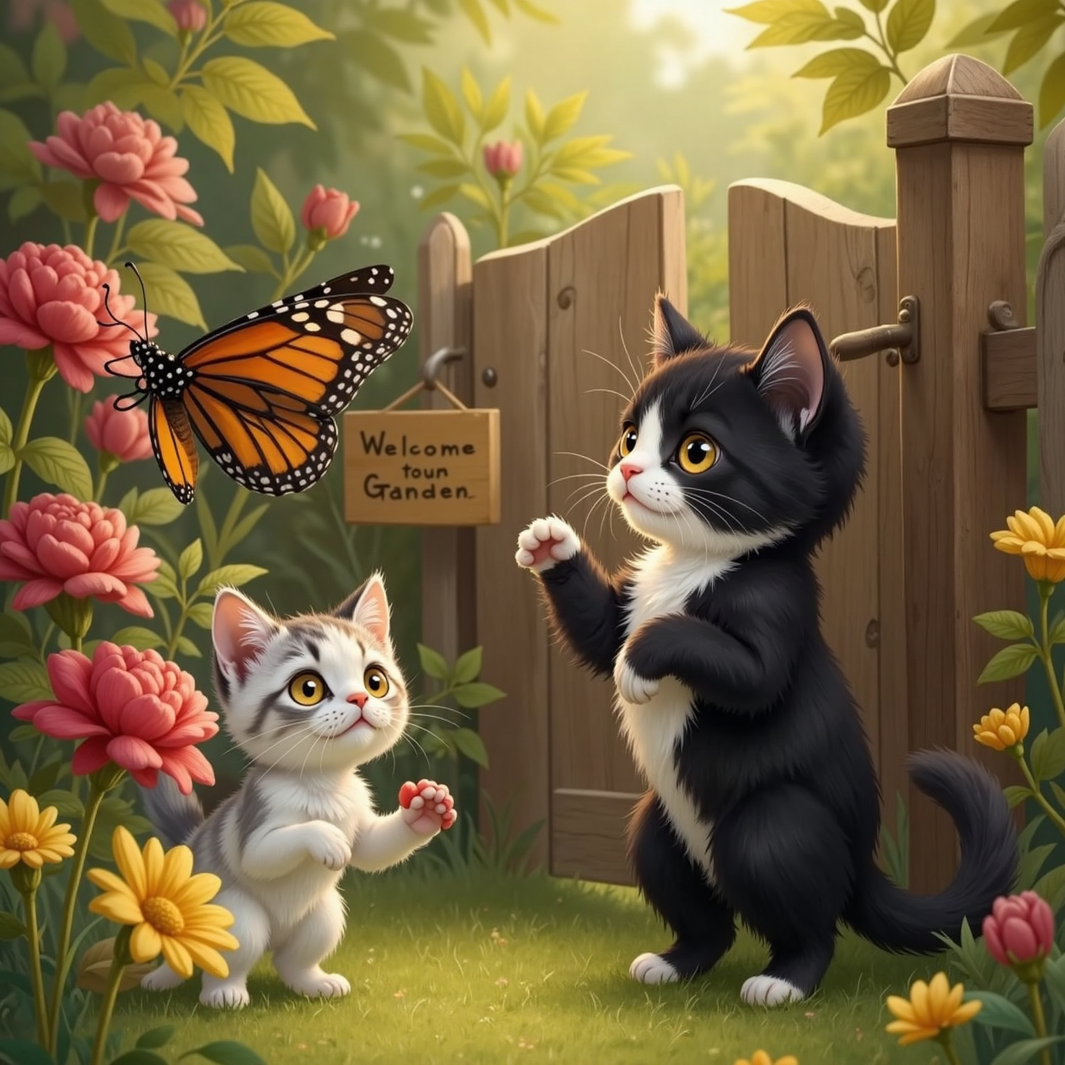 At the sunlit garden gate, Oreo stands on hind paws gazing at a bright butterfly hovering over blooming flowers. Komi peeks from behind the wooden post, eyes wide.