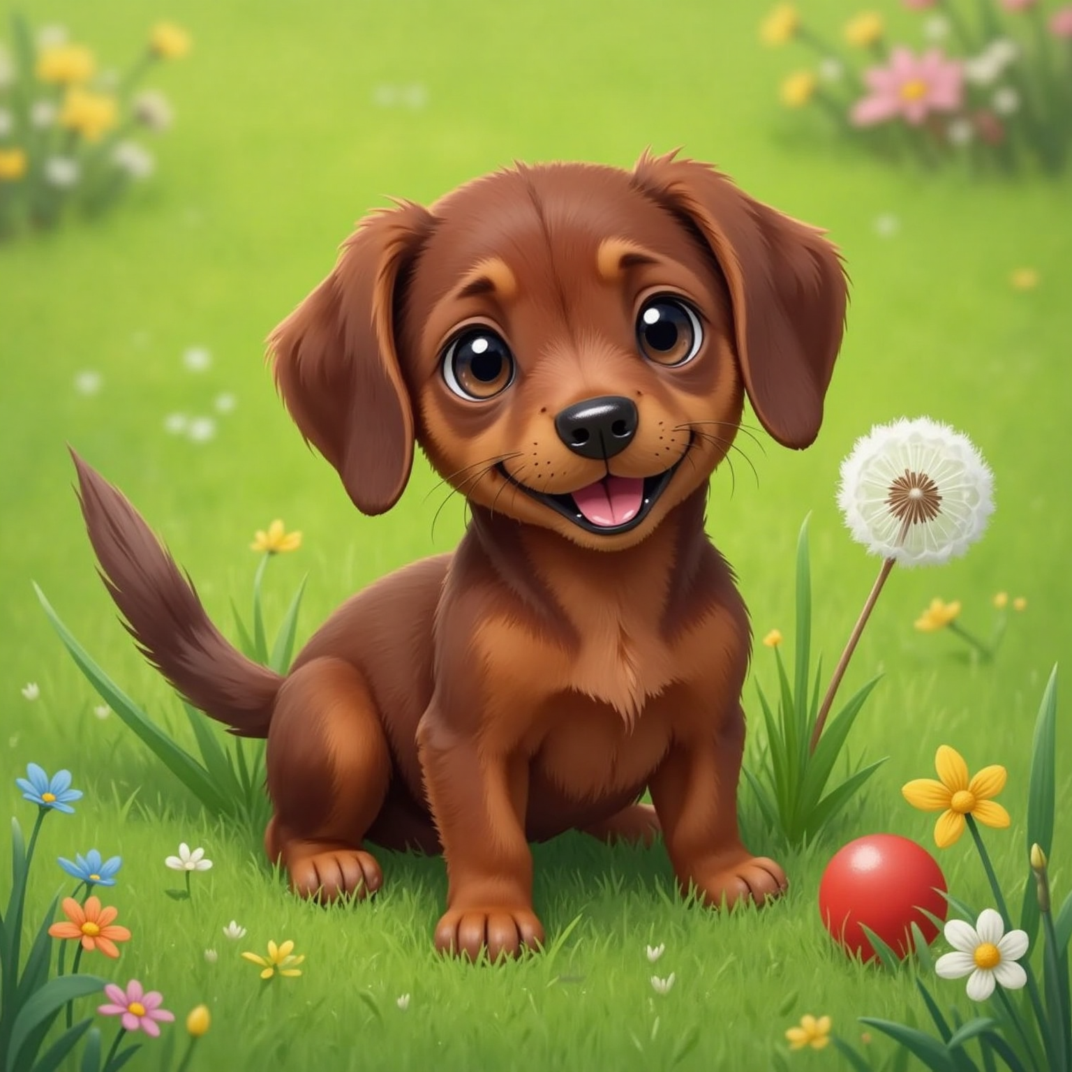 Under the midday sun on the grassy lawn, Poppy sits with hind legs splayed while her tail blurs in rapid wagging. Blades of grass brush her paws and a stray dandelion puff drifts past her delighted eyes.