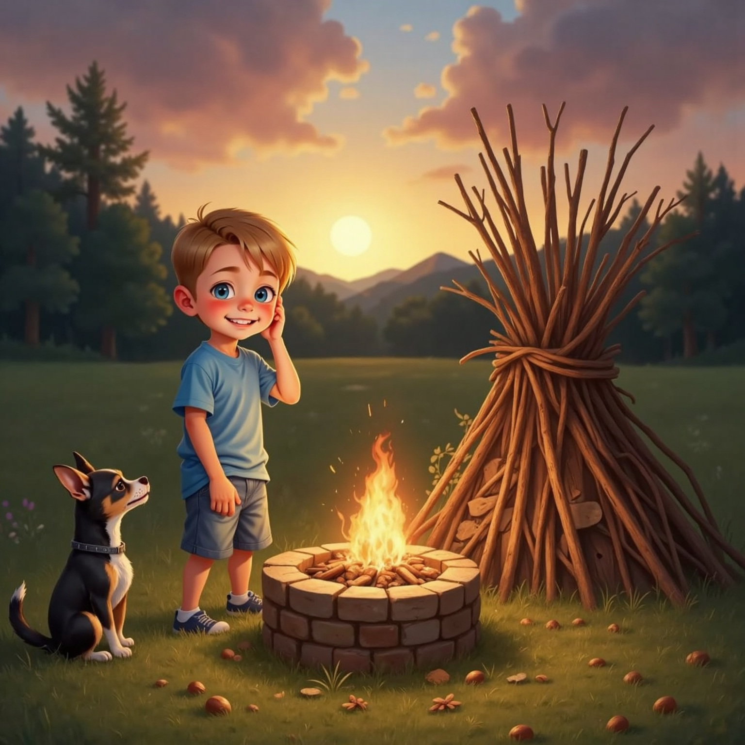 Near the freshly built stone fire pit at golden sunset, Brooks wipes his brow with one sleeve. A mound of sticks and acorns towers beside him while James watches proudly.