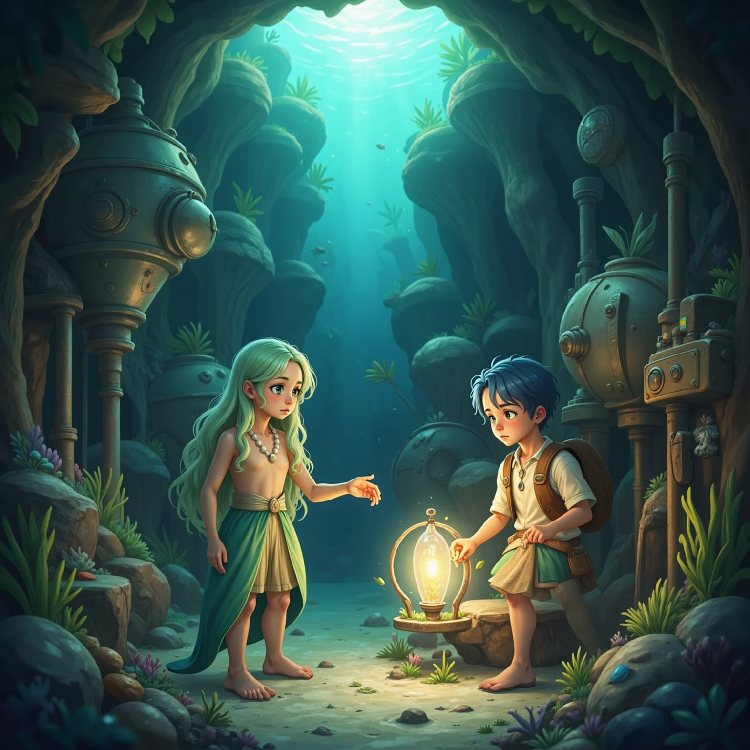 Within a dim gear-filled workshop illuminated by the necklace’s gentle sparks, machines hang motionless as Hyacinth extends a calming hand; nearby, Kai knots bright seagrass ribbons to pipes while Dad summons a poised guiding current.