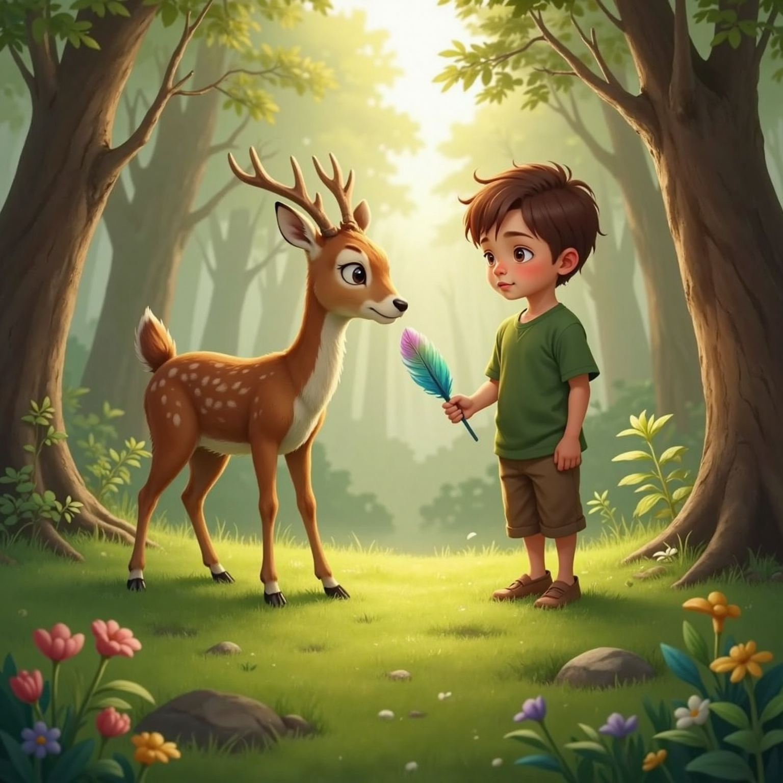 On a moss-carpeted clearing in the quiet morning, Dara the Gentle Deer bends her graceful neck toward Milo, who presents the bright feather with tentative smile. Soft shafts of sunrise glow through misty pines behind them.