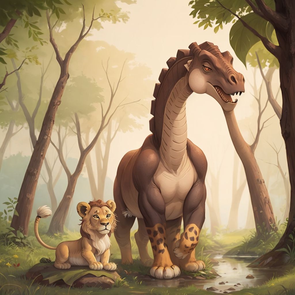 Bella the brachiosaurus drinking from a sparkling lake, while Lance the golden-maned lion cub and Leo the spotted leopard cub rest on soft grass nearby. A peaceful forest setting with a bright sun overhead.
