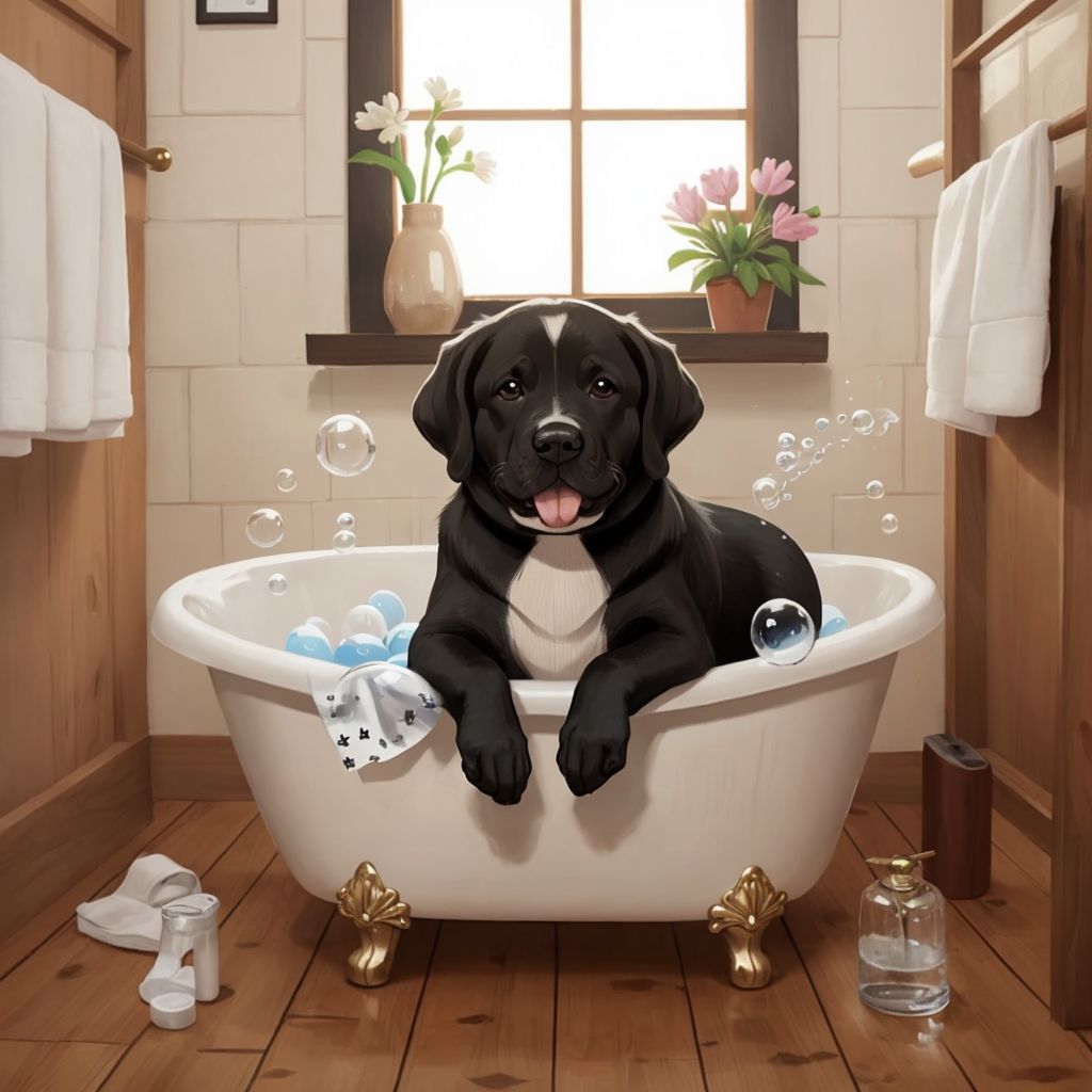 Charley Bear splashing in a tub full of bubbles, looking content