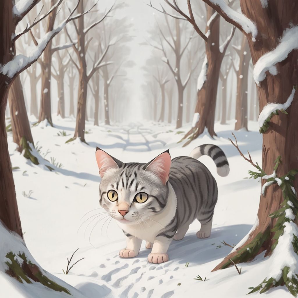 Cheli the cat sniffing around in a snowy forest with trees covered in snow.