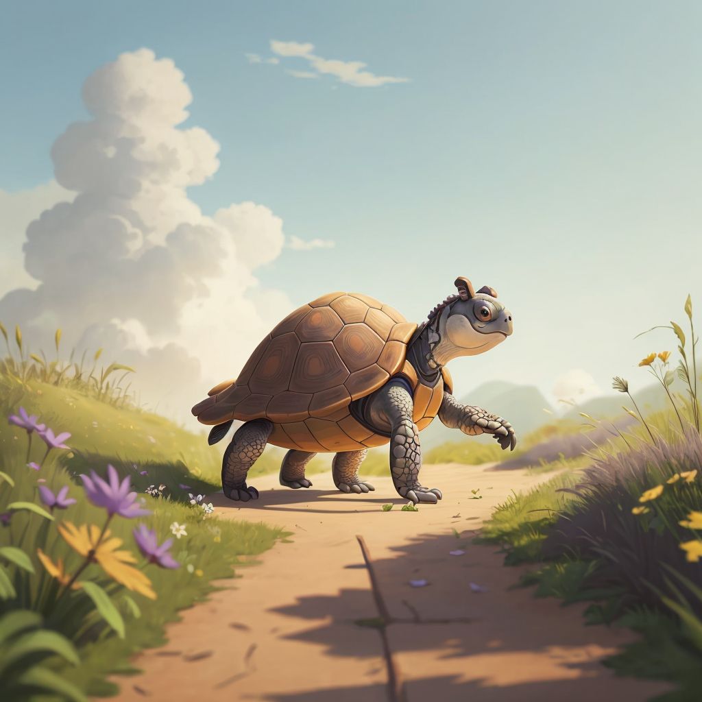 Turtle walks steadily along the path with unwavering determination. His shadow stretches long beside him as the midday sun shines overhead. The path winds through wildflowers and tall grass. Sweat beads on Turtle's forehead, but his eyes remain fixed on the distant goal.
