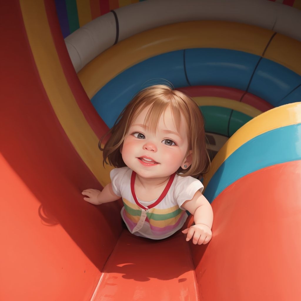 Adley climbing up a giant rainbow slide with glee