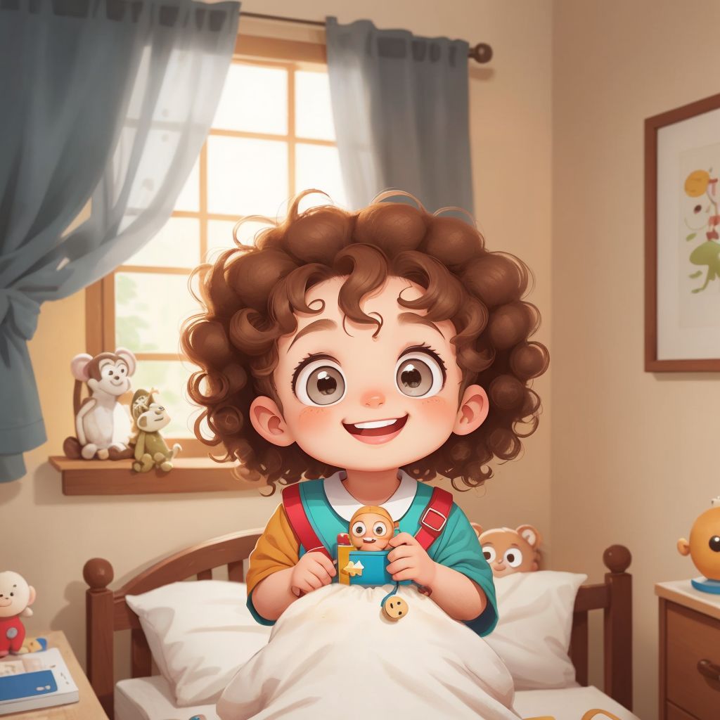 A bright and cozy bedroom bathed in morning sunlight. A two-year-old boy with curly hair and big, excited eyes sits up in bed, clutching a well-loved plush monkey. The monkey has soft brown fur, a stitched-on smile, and round, friendly eyes. The child grins as he hugs Monkey close, the blankets slightly rumpled around him. A small nightlight shaped like a moon glows faintly in the background.