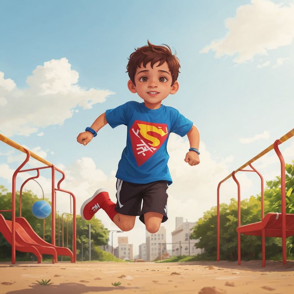 Dynamic Donovan with a serene expression, practicing superhero breathing in a playground setting