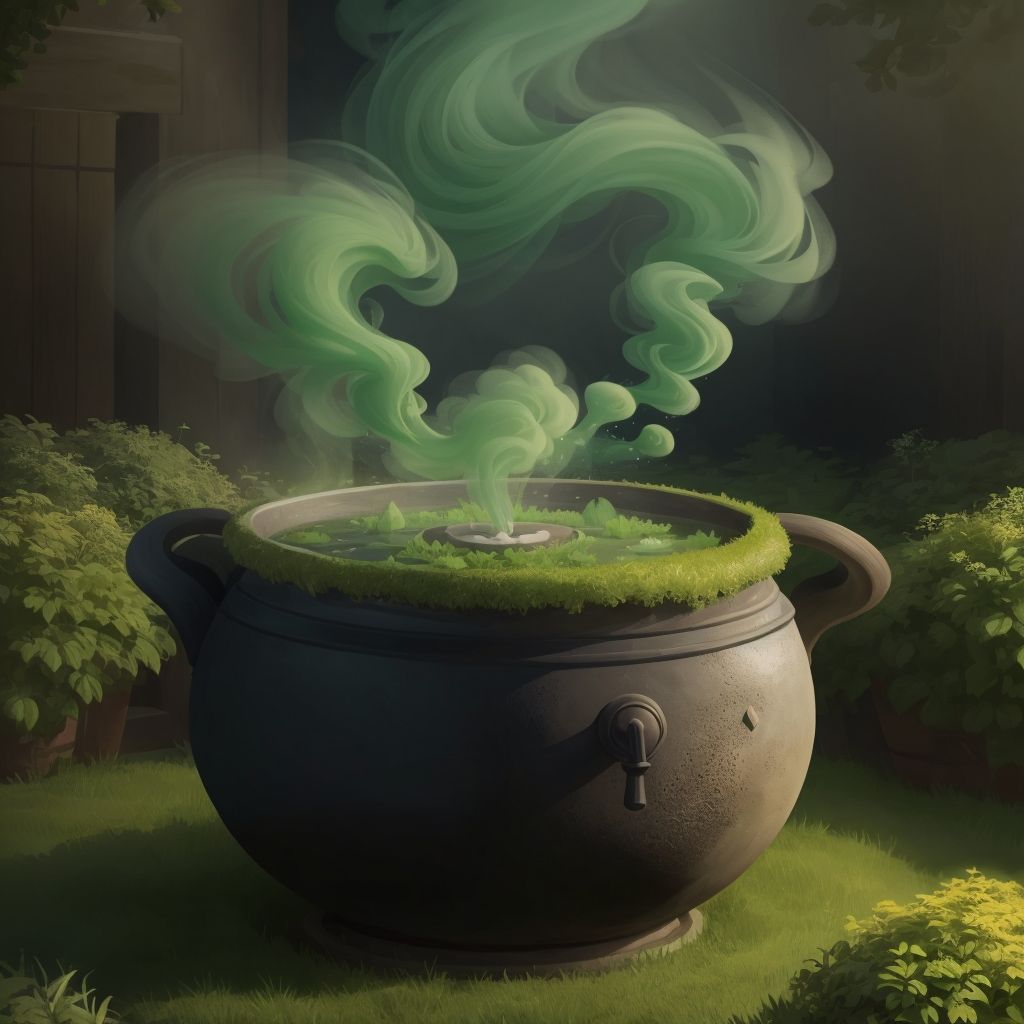 A bubbling cauldron releasing green fumes