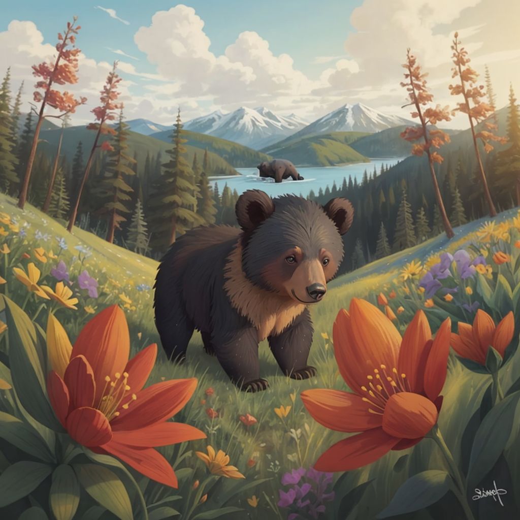 Jett playing among colorful wildflowers in a sunny meadow