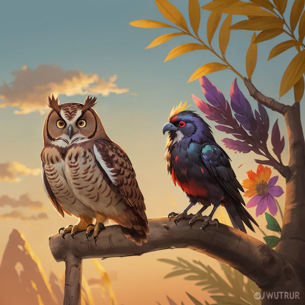 A large brown owl with wise yellow eyes named Oliver perched next to THE MULTICOLORED RAVEN at sunset