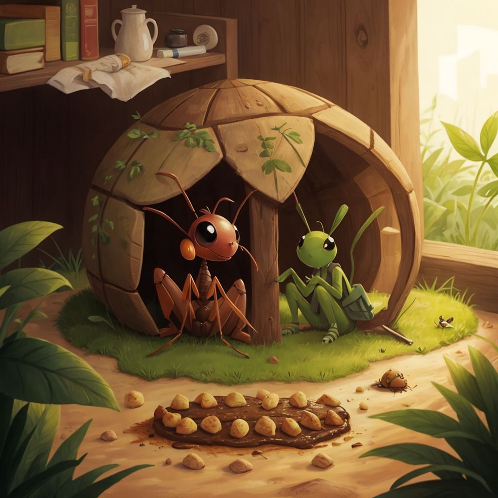 Andy the ant and a grasshopper sitting inside a cozy anthill filled with food, sharing stories