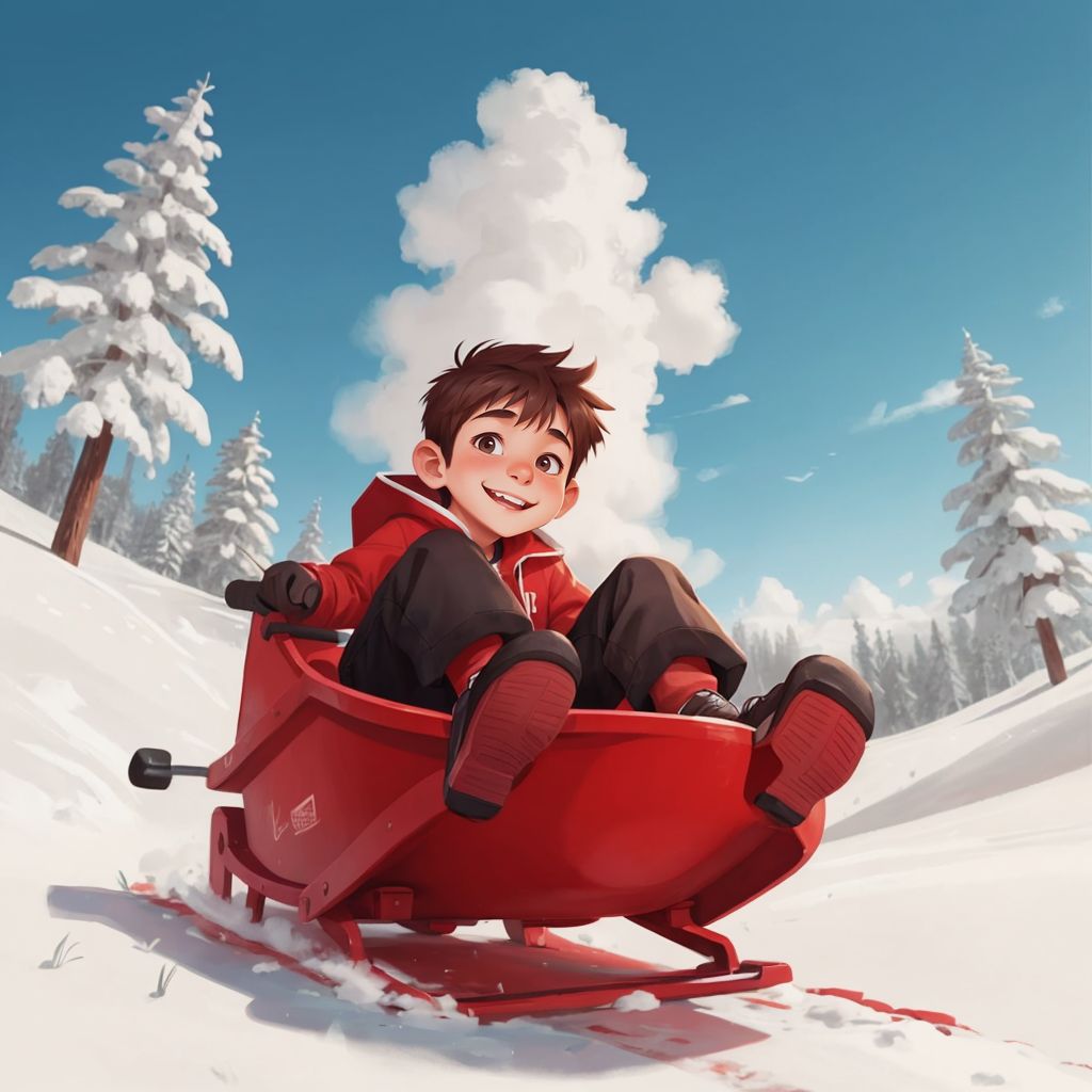 Brandon sitting on a bright red sled, sliding down a hill with a joyful expression.