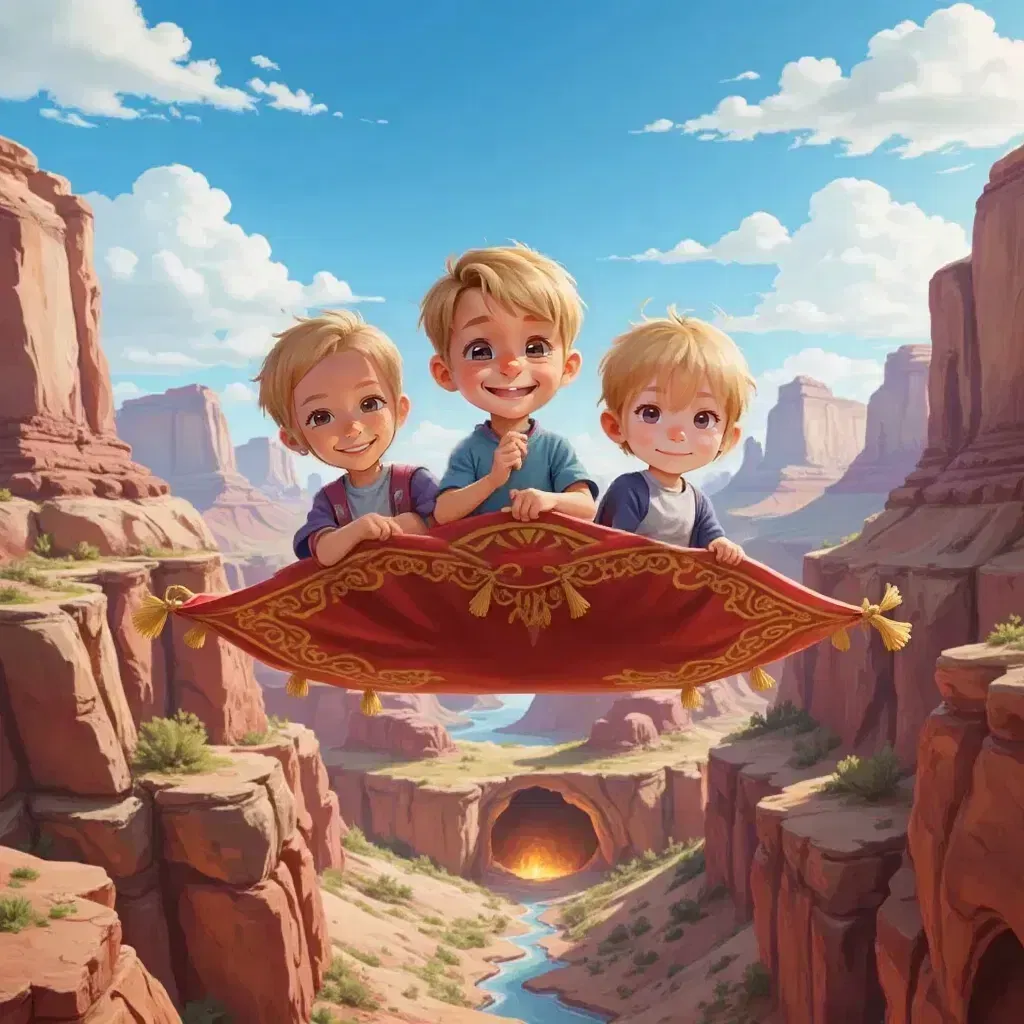 The three boys ride Flyboy the flying carpet, soaring over towering mountains and deserts, with Miron, Adrian, and Vitali looking thrilled. A hidden cave glowing in the distance.