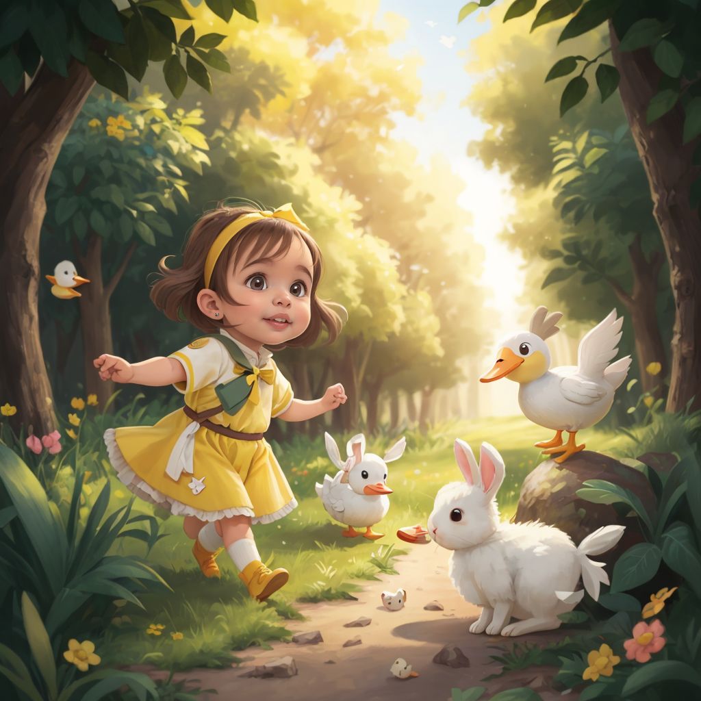 Sabi laughing with delight as she watches a family of fluffy rabbits. Ducky, the smiling scout duck, greeting them with a friendly quack. Bushes in the background.