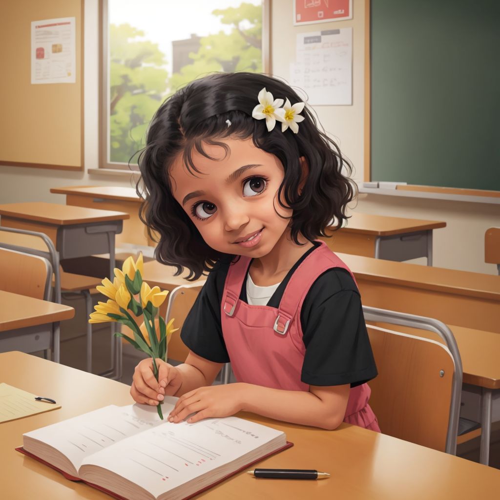 Mayar holding flowers, in the classroom 