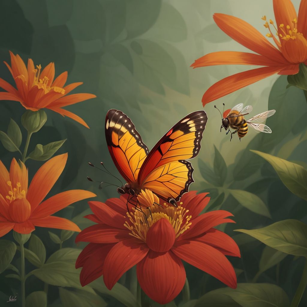 Lulu, with a hurt wing, sitting on a flower with a pained expression. A bee flying nearby.