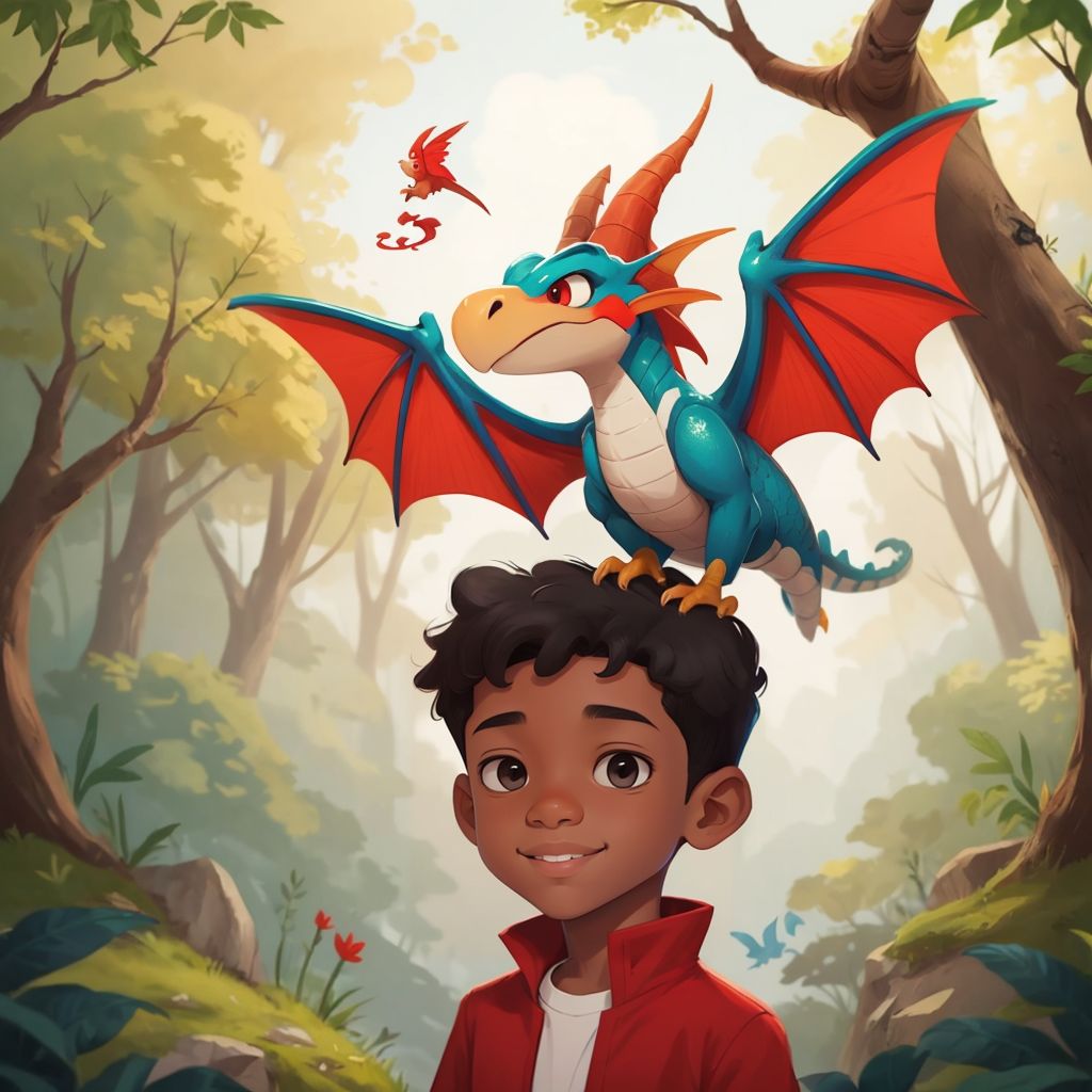 The Dragon soaring in the sky above a forest, with Jeremiah Johnikin watching from below with a smile.