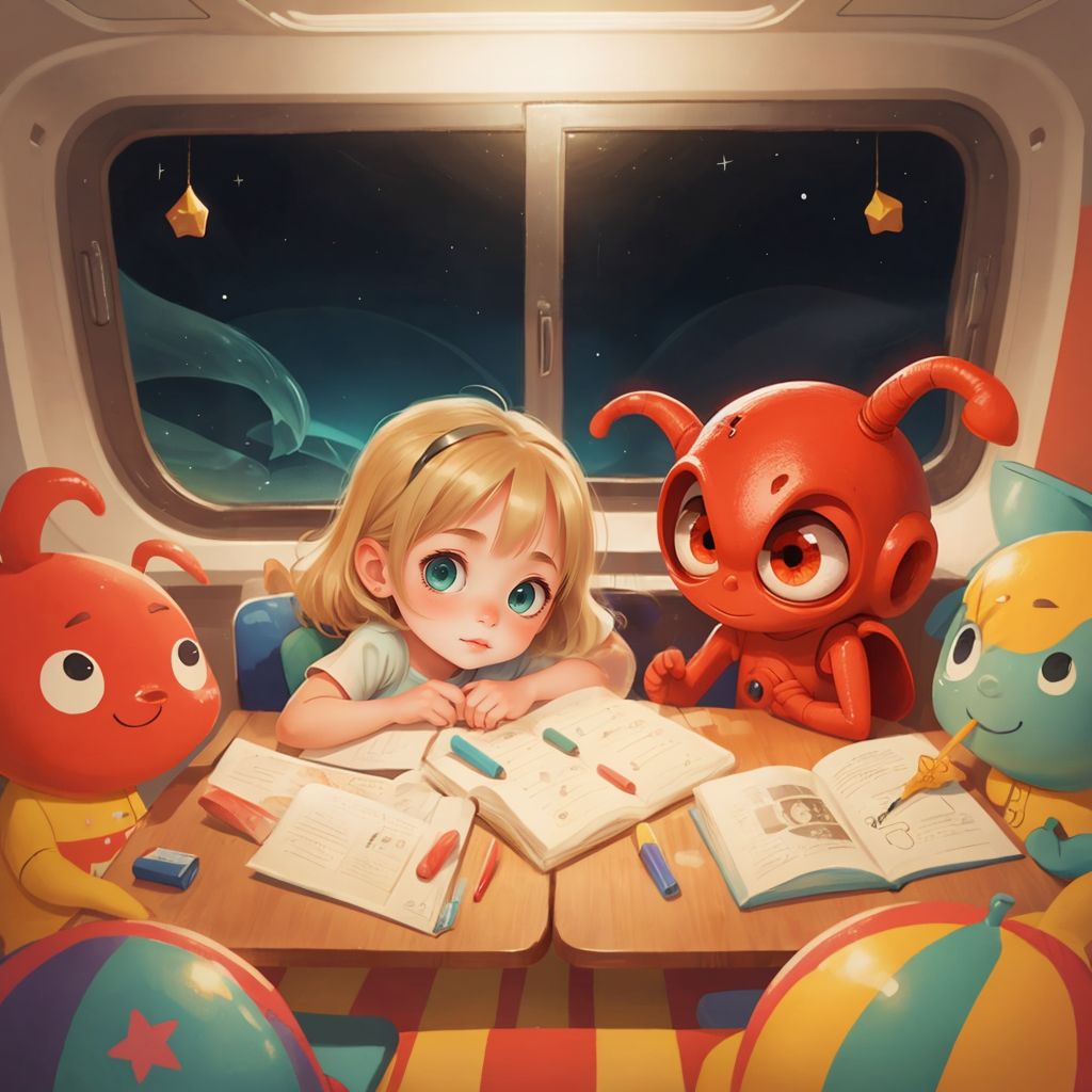 Inside the silver spaceship, a floating Aria and Pip doing somersaults among twinkling stars visible through large windows. Colorful rainbow crayons floating nearby.