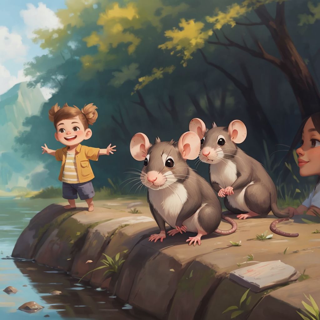 A happy Rubber the Rat standing proudly on the riverbank, surrounded by smiling children