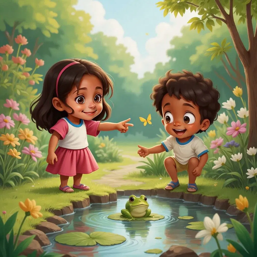 Emma and Matteo on a flower-lined garden path, looking at a small pond where a green frog sits on a lily pad. Emma pointing at the frog while Matteo giggles