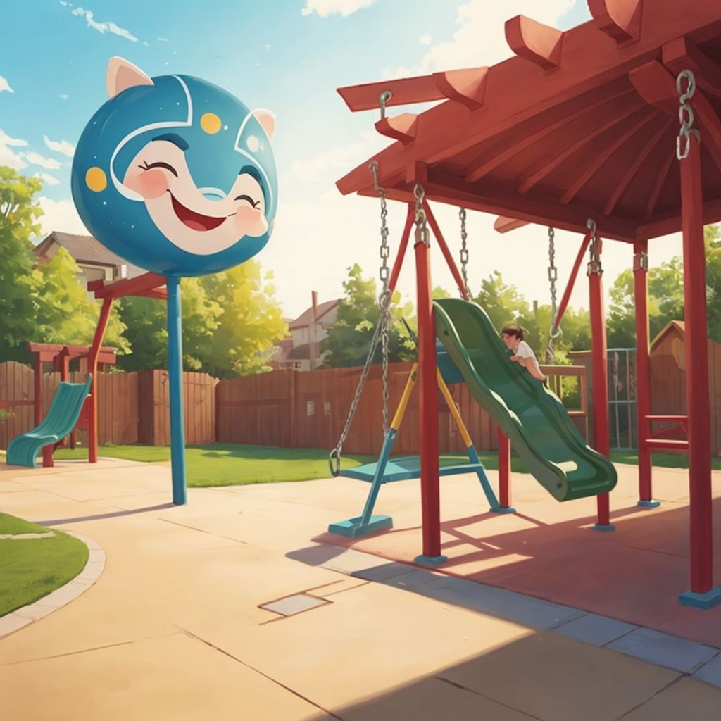 A bright star Vega with a happy expression near a playground with swings and slides in the evening light