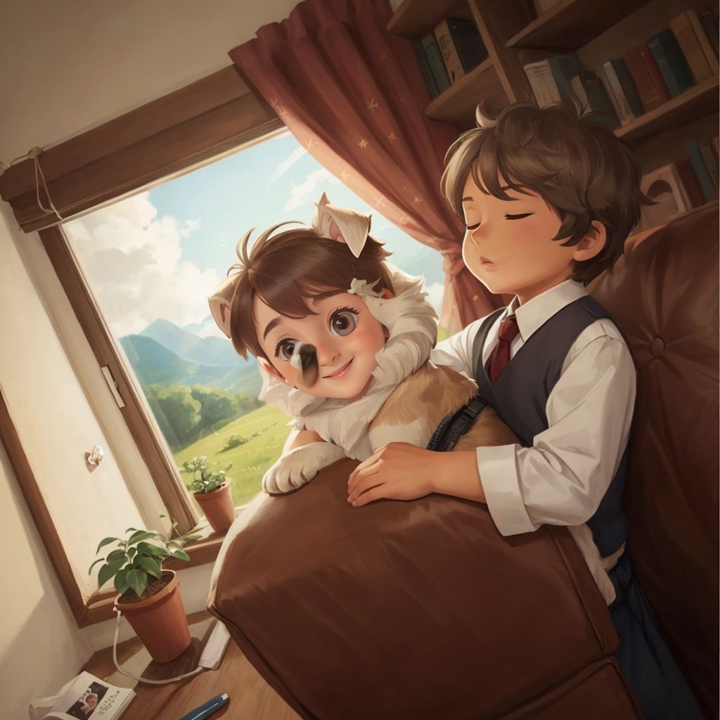 Albi smiling and hugging Winston tightly by the window as Nimbus, a fluffy cloud, waves goodbye. The room feels peaceful.