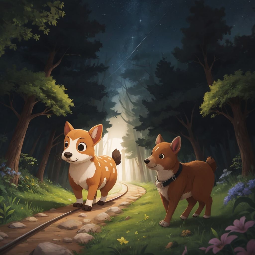 Mousedeer and Kancil walking along a winding path under a starry sky in a dark forest