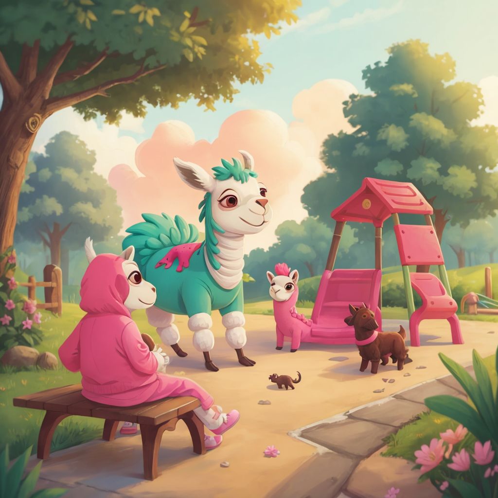 A happy Donna in day clothes playing at a colorful park with playground equipment, her mama llama watching proudly from a bench