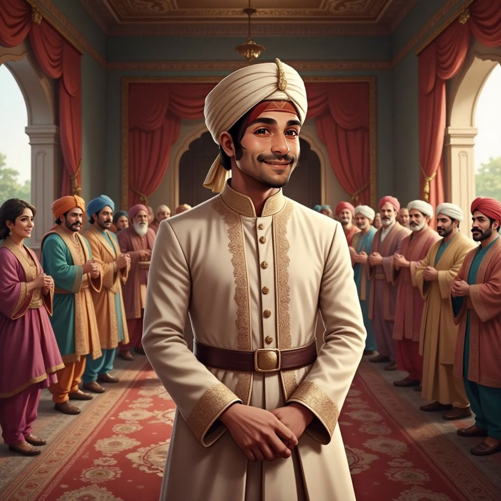 Birbal with a calm smile, courtiers laughing cheerfully in the background