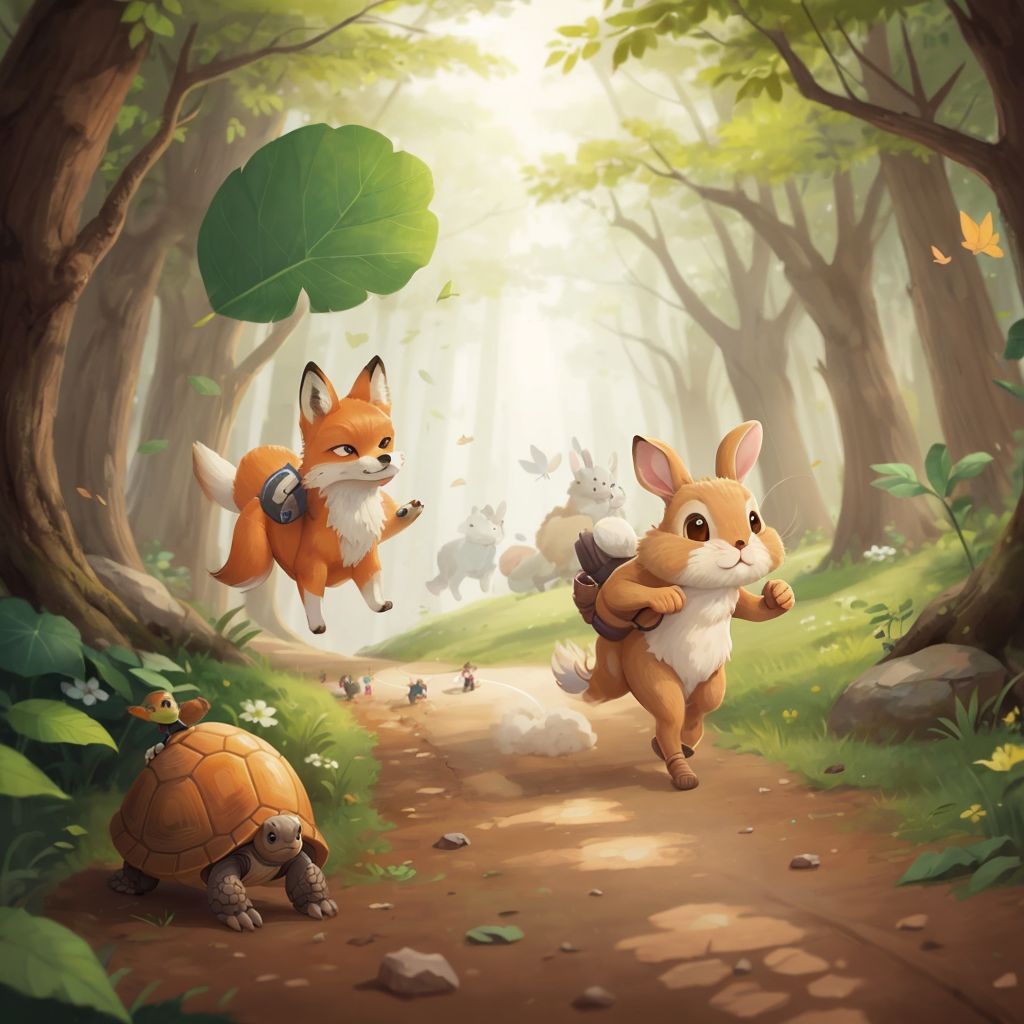 Fox stands at the starting line holding a large green leaf above his head. Rabbit is a blur of motion sprinting forward, leaving a dust cloud behind. Turtle takes his first steady step with unwavering focus. Woodland animals cheer from the sidelines of the forest path.