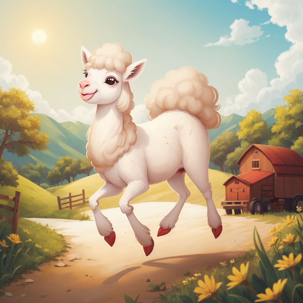 Larry the llama with a bright smile, skipping away from a farm with a sunny background