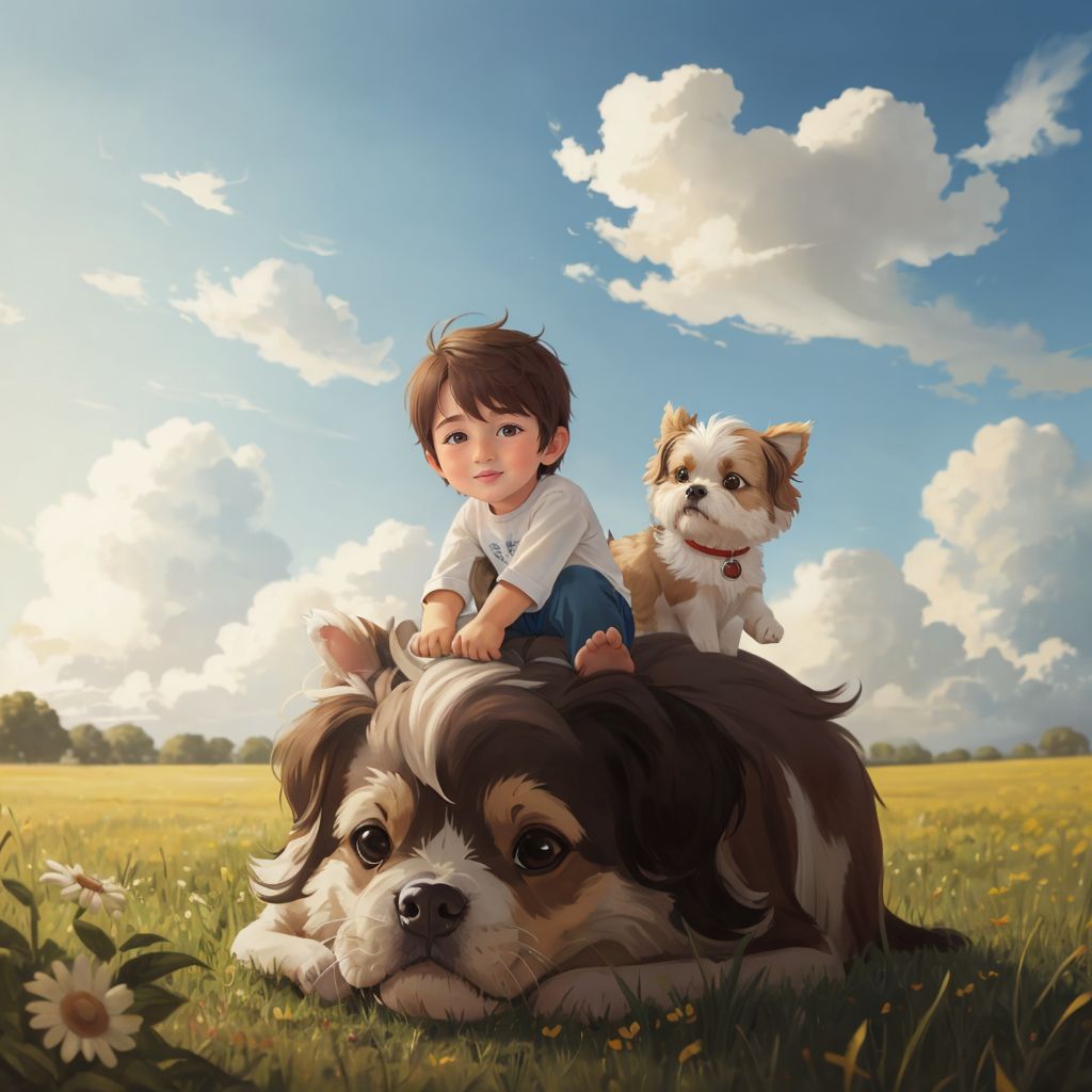 Albi and Winston riding on Nimbus, a fluffy cloud, floating high above the ground. The sky is a mix of sunny fields and stormy clouds.