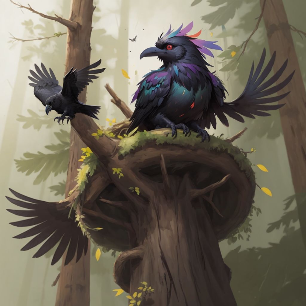 THE MULTICOLORED RAVEN sitting proudly in an elaborate nest at the top of the tallest tree, surrounded by admiring black ravens. Forest landscape below.