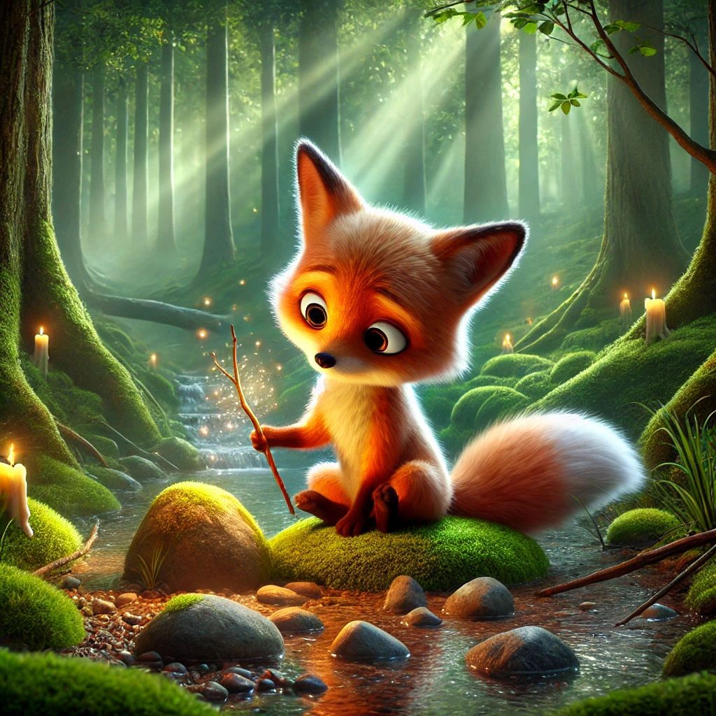 Little Fox standing proudly by a decorated tree, surrounded by friends and glowing lights