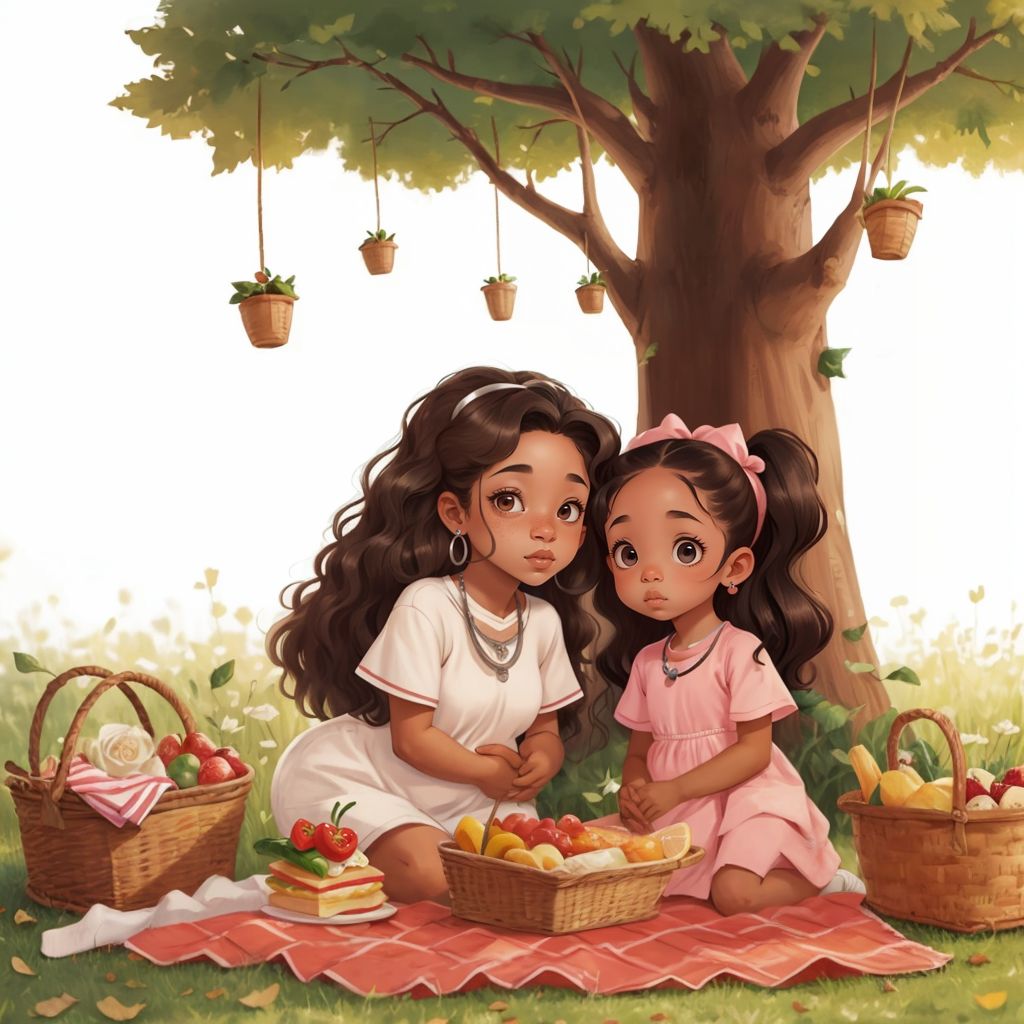 Kels and Vaeh sitting on a picnic blanket under an oak tree, surrounded by sandwiches and fruit